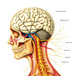 An intricate and detailed illustration of the human nervous system, showcasing the central nervous system and peripheral nervous system