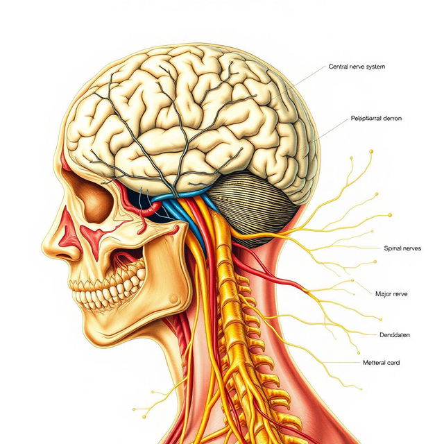 An intricate and detailed illustration of the human nervous system, showcasing the central nervous system and peripheral nervous system