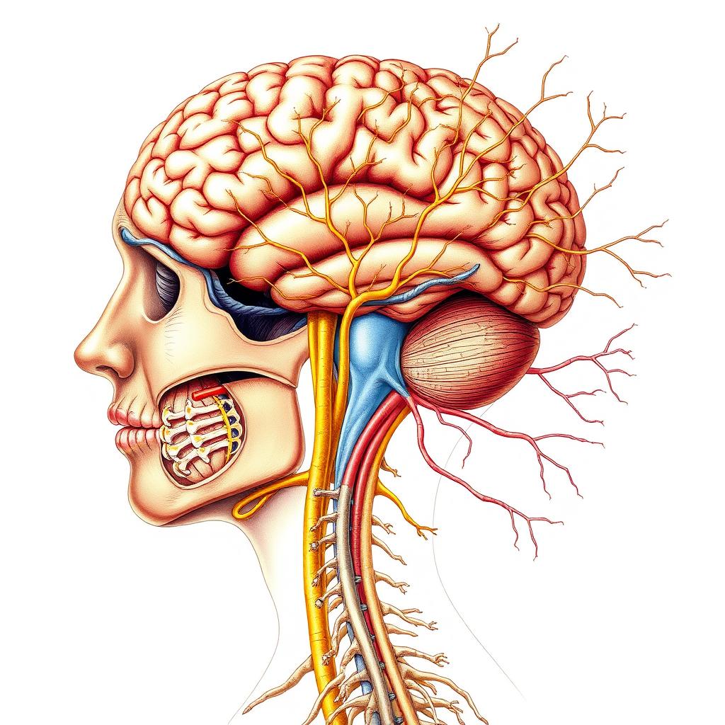 An intricate and detailed illustration of the human nervous system, showcasing the central nervous system and peripheral nervous system