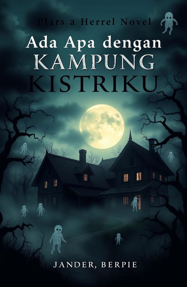 Book cover design for a horror novel titled 'Ada Apa dengan Kampung Istriku', featuring a dark, eerie village shrouded in fog