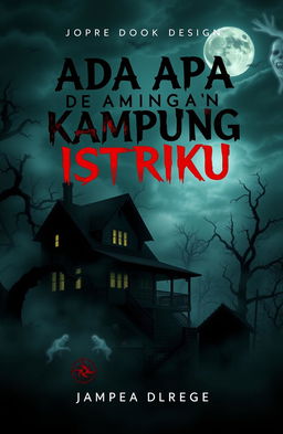 Book cover design for a horror novel titled 'Ada Apa dengan Kampung Istriku', featuring a dark, eerie village shrouded in fog