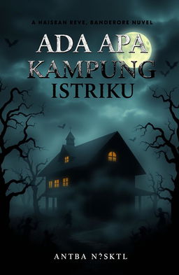 Book cover design for a horror novel titled 'Ada Apa dengan Kampung Istriku', featuring a dark, eerie village shrouded in fog