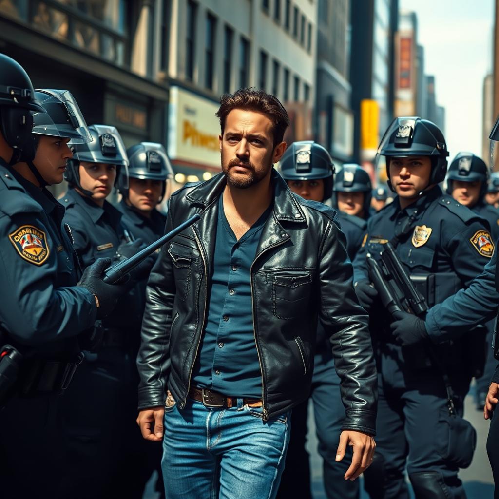 A tense scene depicting a man confronting police officers in a bustling urban setting