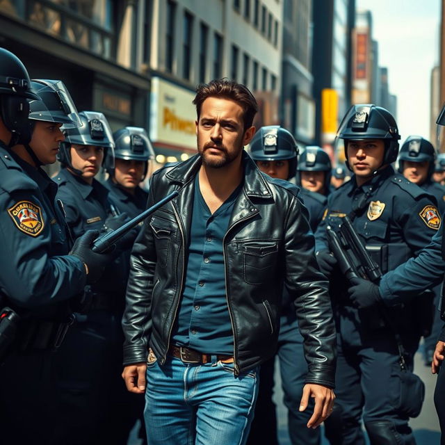 A tense scene depicting a man confronting police officers in a bustling urban setting