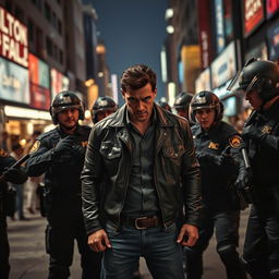 A tense scene depicting a man confronting police officers in a bustling urban setting