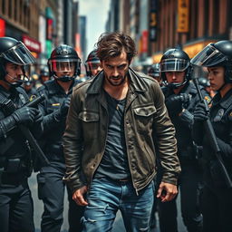A tense scene depicting a man confronting police officers in a bustling urban setting