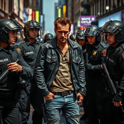 A tense scene depicting a man confronting police officers in a bustling urban setting