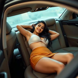 An adult Indian woman in a chic mini skirt lying playfully in a luxurious car, showcasing her voluptuous body