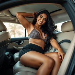 An adult Indian woman in a chic mini skirt lying playfully in a luxurious car, showcasing her voluptuous body