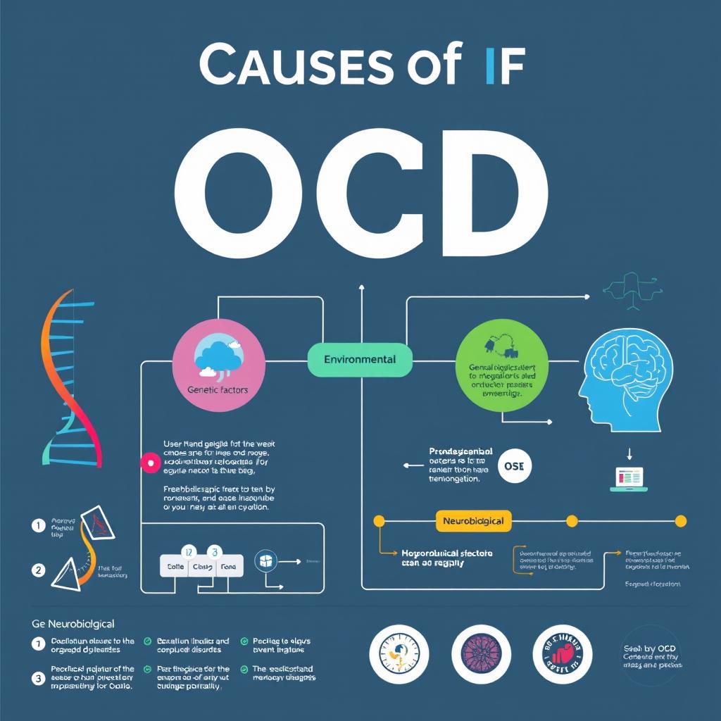 A visually engaging infographic illustrating the causes of OCD (Obsessive-Compulsive Disorder)