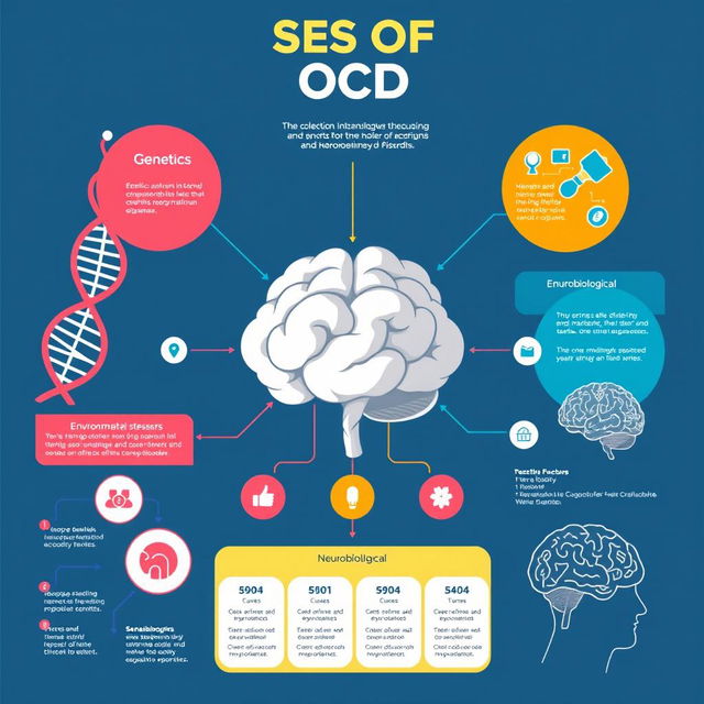 A visually engaging infographic illustrating the causes of OCD (Obsessive-Compulsive Disorder)