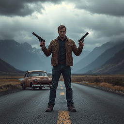 A man standing alone on a desolate, eerie road, holding two guns confidently in his hands