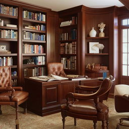 An elegant office with mahogany desk, leather chairs, book shelves filled with books, ample natural light, & classy artwork on the walls.