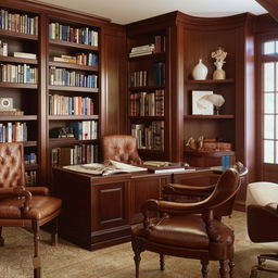 An elegant office with mahogany desk, leather chairs, book shelves filled with books, ample natural light, & classy artwork on the walls.