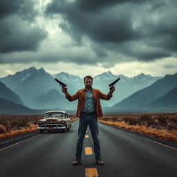 A man standing alone on a desolate, eerie road, holding two guns confidently in his hands