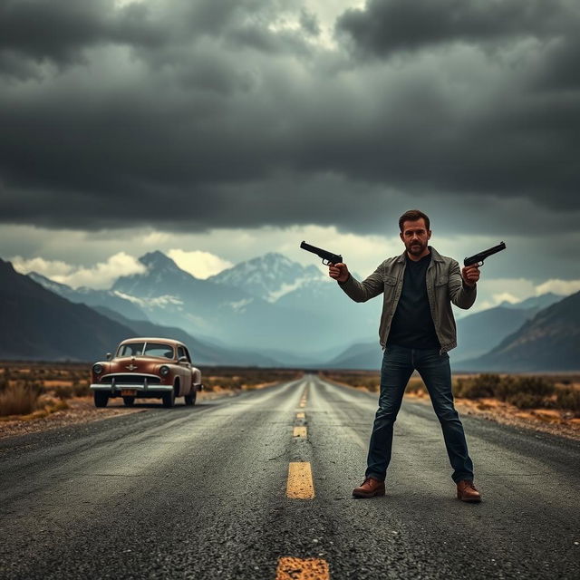 A man standing alone on a desolate, eerie road, holding two guns confidently in his hands