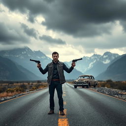 A man standing alone on a desolate, eerie road, holding two guns confidently in his hands