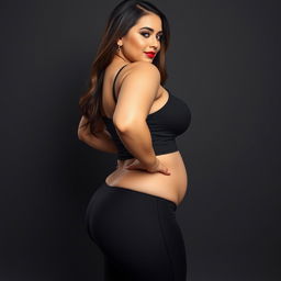 A stunning side view of a curvy, busty woman with an hourglass figure, wearing tight leggings that accentuate her wide hips and a fitting top