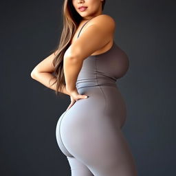 A stunning side view of a curvy, busty woman with an hourglass figure, wearing tight leggings that accentuate her wide hips and a fitting top