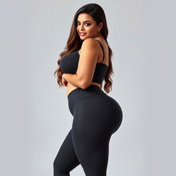 A stunning side view of a curvy, busty woman with an hourglass figure, wearing tight leggings that accentuate her wide hips and a fitting top