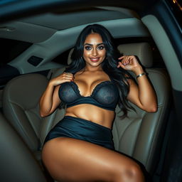 An adult Indian woman in a stylish mini skirt, playfully trying to adjust a black bra while lying in a luxurious car at night