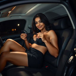 An adult Indian woman in a stylish mini skirt, playfully unboxing a black bra while lying in the luxurious interior of a car at night
