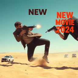 A dramatic scene depicting a man engaged in an intense gunfight with his enemy in a vast desert landscape