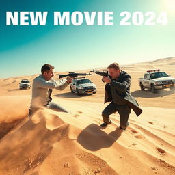 A dramatic scene depicting a man engaged in an intense gunfight with his enemy in a vast desert landscape
