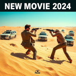A dramatic scene depicting a man engaged in an intense gunfight with his enemy in a vast desert landscape