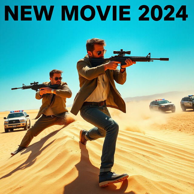 A dramatic scene depicting a man engaged in an intense gunfight with his enemy in a vast desert landscape