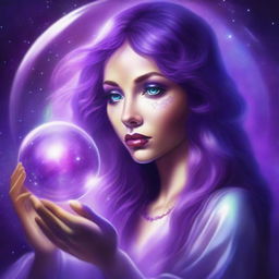 A digital art of a mystical Oracle woman with flowing, luminescent purple hair