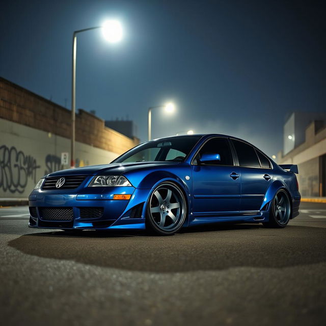 A blue 2001 widebody VW Passat R36 drift car parked at night, with the moonlit sky casting a soft glow on the car's sleek exterior