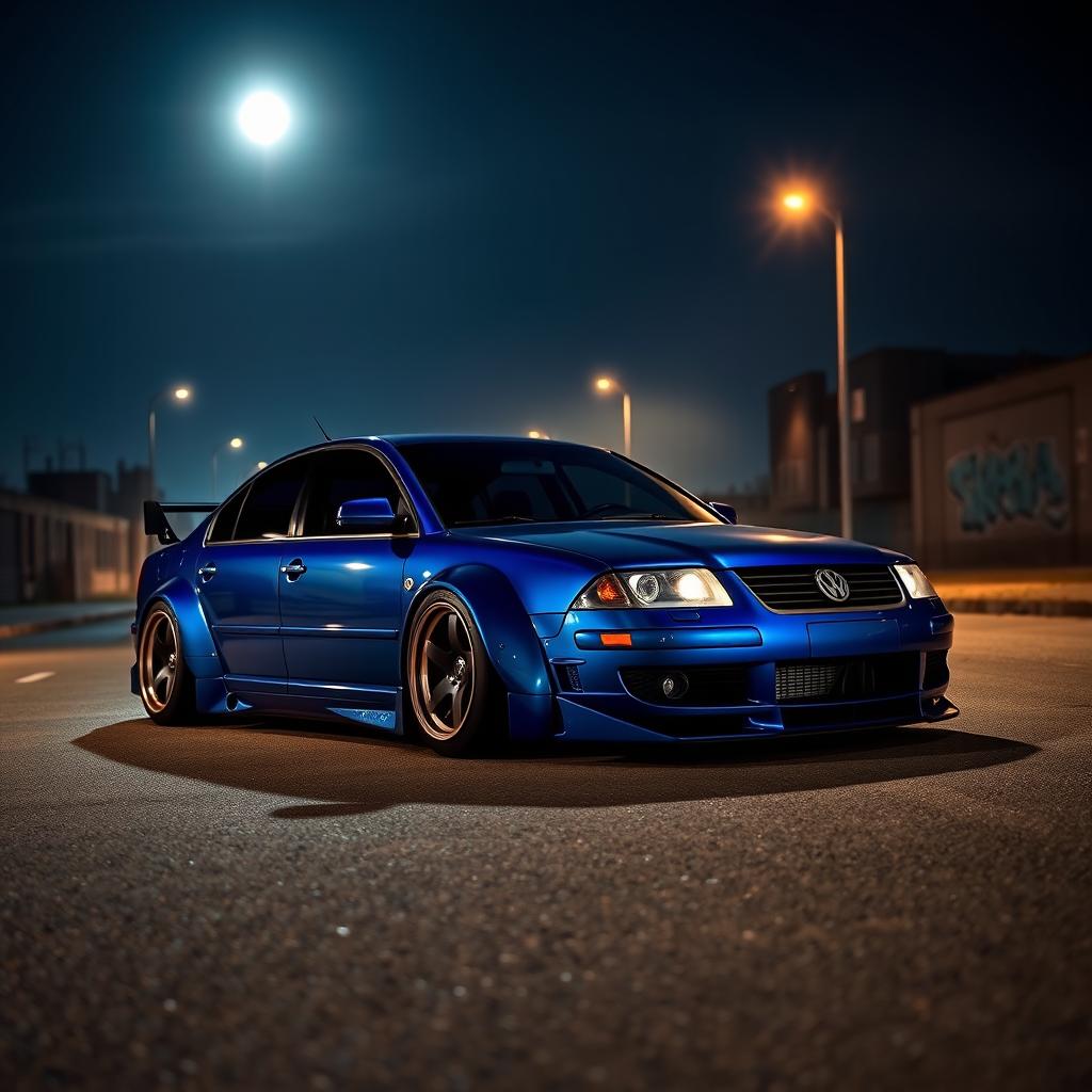 A blue 2001 widebody VW Passat R36 drift car parked at night, with the moonlit sky casting a soft glow on the car's sleek exterior