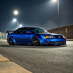A blue 2001 widebody VW Passat R36 drift car parked at night, with the moonlit sky casting a soft glow on the car's sleek exterior