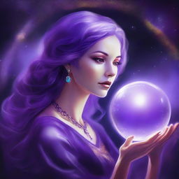 A digital art of a mystical Oracle woman with flowing, luminescent purple hair