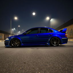 A blue 2001 widebody VW Passat R36 drift car parked at night, with the moonlit sky casting a soft glow on the car's sleek exterior