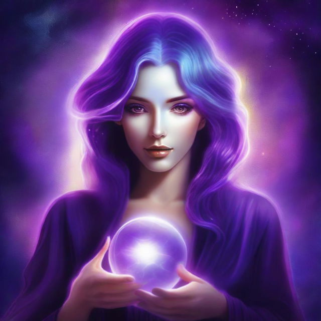 A digital art of a mystical Oracle woman with flowing, luminescent purple hair