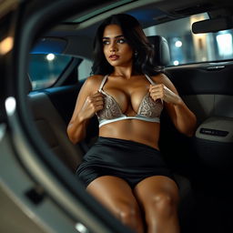 An adult Indian woman in a fashionable mini skirt, undressing her bra while lying in a luxurious car