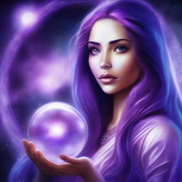 A digital art of a mystical Oracle woman with flowing, luminescent purple hair