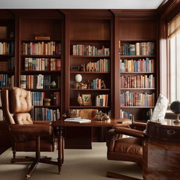 An elegant office with mahogany desk, leather chairs, book shelves filled with books, ample natural light, & classy artwork on the walls.