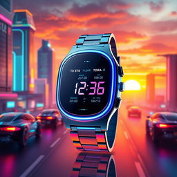 A vibrant and futuristic watch design with a sleek, minimalist style, featuring a glowing digital display