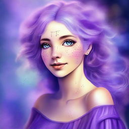 An enchanting digital art image of a cute Oracle woman with light freckles and lavender hair