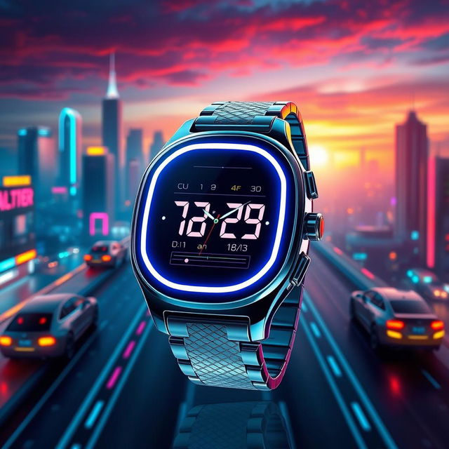 A vibrant and futuristic watch design with a sleek, minimalist style, featuring a glowing digital display