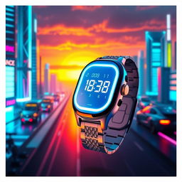 A vibrant and futuristic watch design with a sleek, minimalist style, featuring a glowing digital display