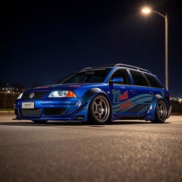 A stunning blue 2001 widebody VW Passat R36 wagon designed as a drift car, featuring an eye-catching street livery