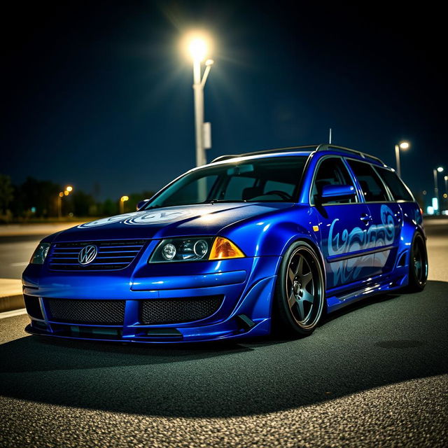 A stunning blue 2001 widebody VW Passat R36 wagon designed as a drift car, featuring an eye-catching street livery