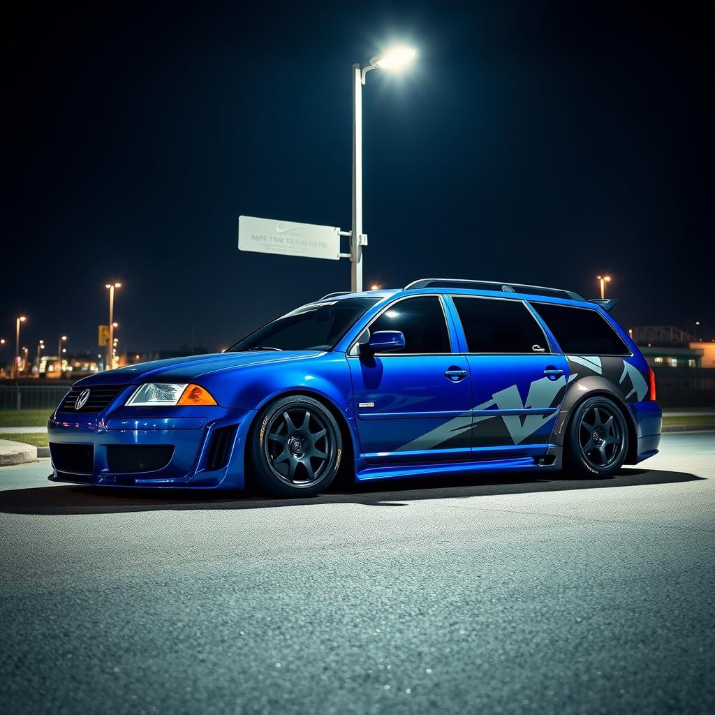 A stunning blue 2001 widebody VW Passat R36 wagon designed as a drift car, featuring an eye-catching street livery