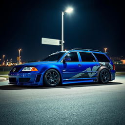 A stunning blue 2001 widebody VW Passat R36 wagon designed as a drift car, featuring an eye-catching street livery