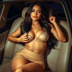 An adult Indian woman in a fashionable mini skirt, confidently undressing her bra while lying in a luxurious car