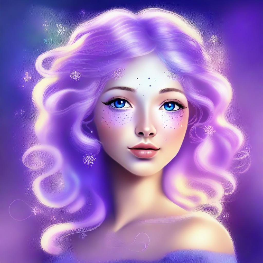 An enchanting digital art image of a cute Oracle woman with light freckles and lavender hair